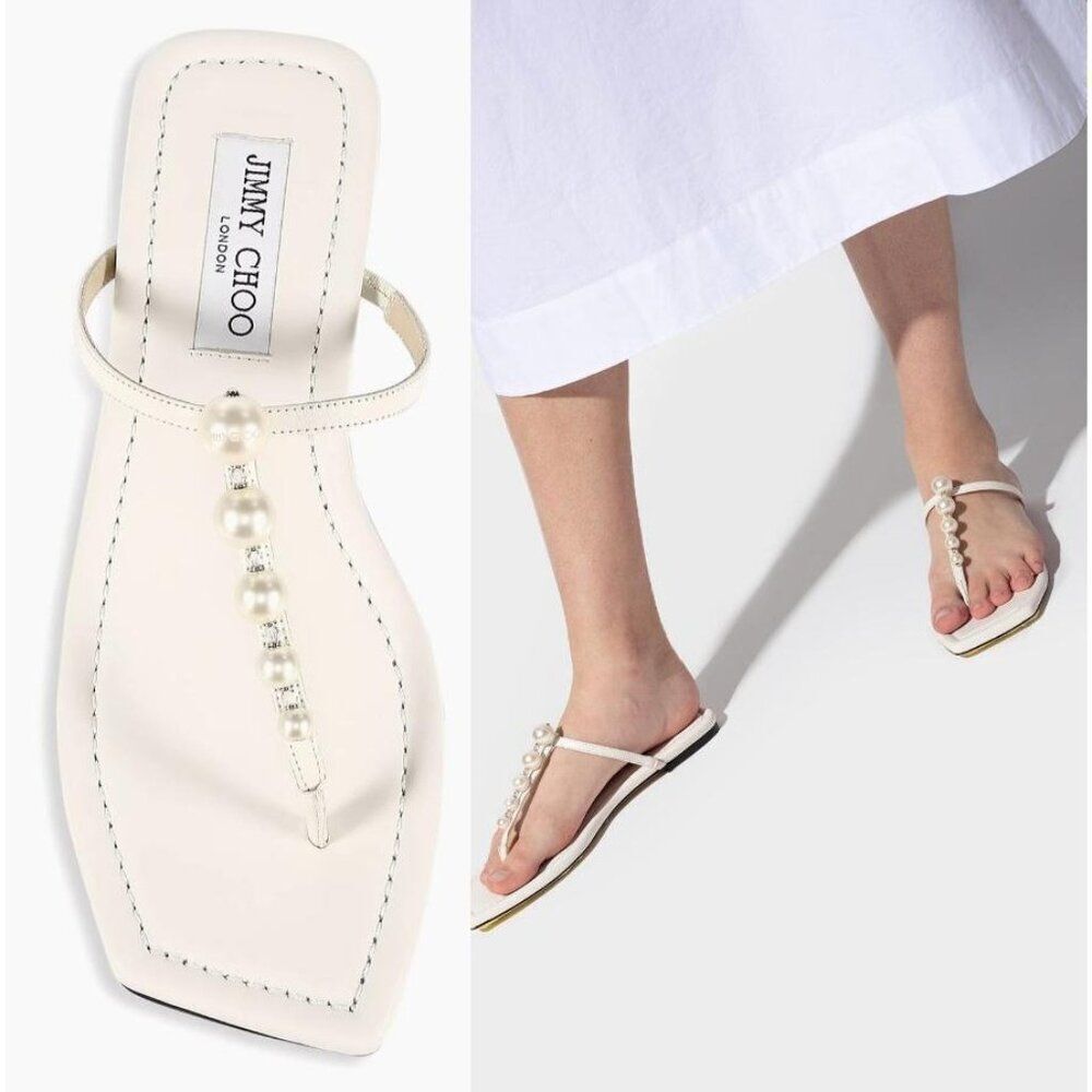 NWT JIMMY CHOO Alaina White Faux Pearl Embellished Thong Flat Sandals Si…